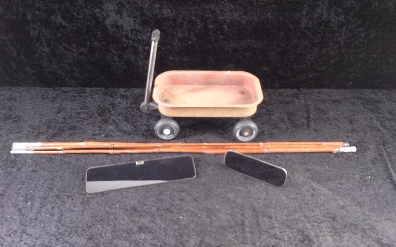 lot 97 image: Lot - Vintage Auto Mirrors, Cane Pole, Toy Wagon