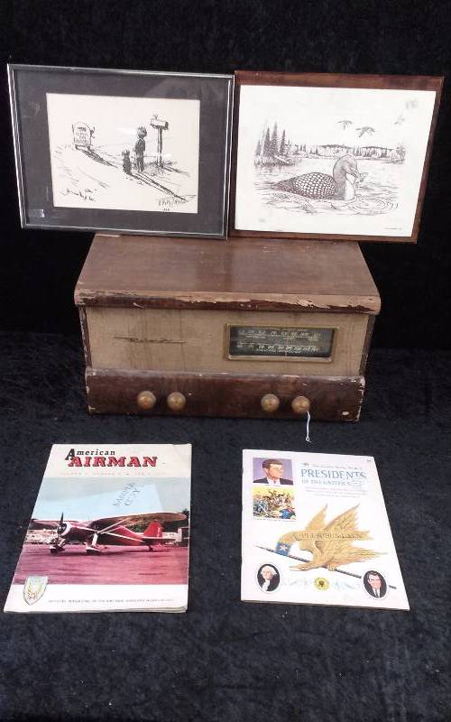 lot 98 image: Lot - Vintage Motorola Radio (non working), Vintage Signed Pictures, Etched Loon, etc