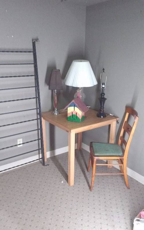 lot 99 image: Lot - Table, Vintage Ladderback Chair, Lamps, Metal Stair Rail