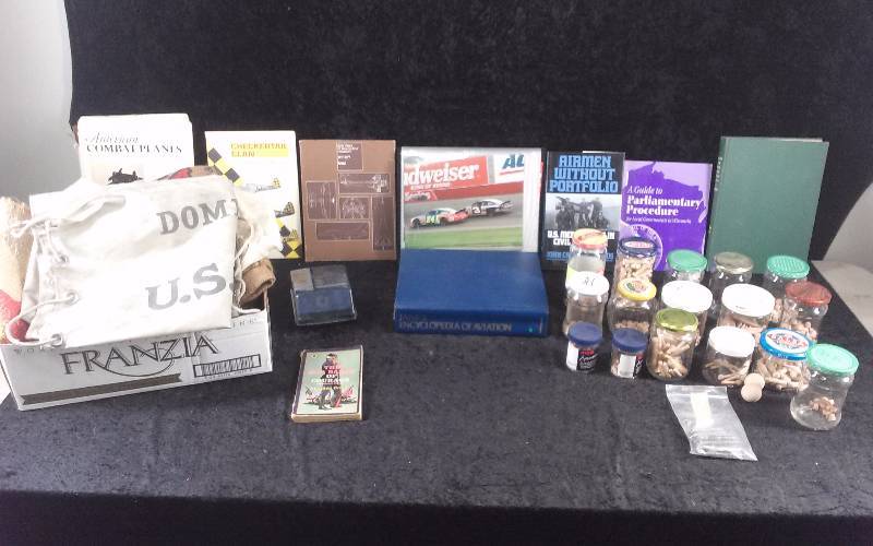 lot 104 image: Lot - Misc Books, US MAIL Bag, Gunny Sacks, etc