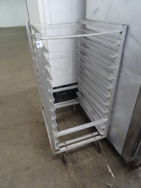 lot 9 image: Bun Pan Rack. Aluminum on Wheels.