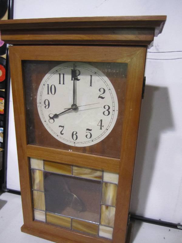 lot 56 image: Clock with stained glass front...