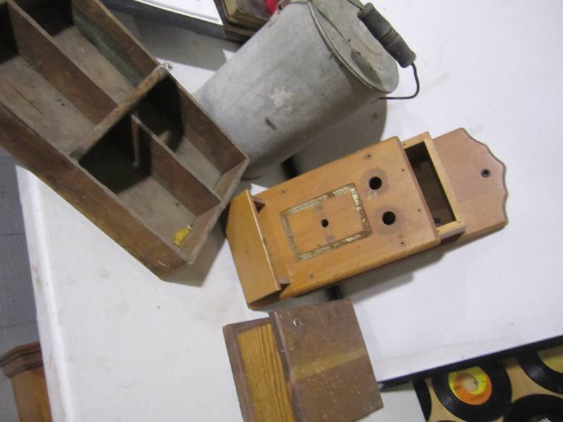 lot 83 image: Vintage metal can, wood telephone b...