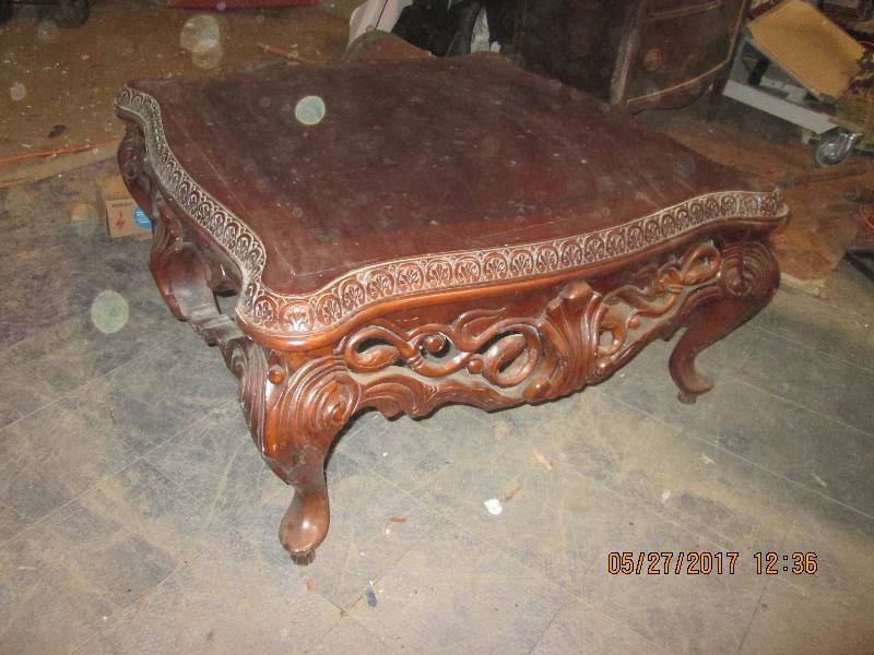 lot 16 image: Very ornate carved wood table, top ...