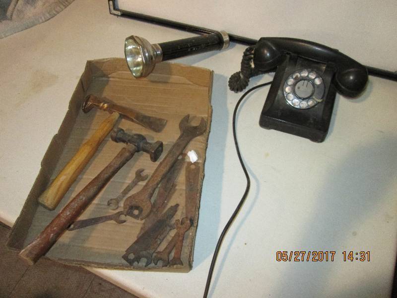 lot 48 image: Vintage tools flashlight and teleph...