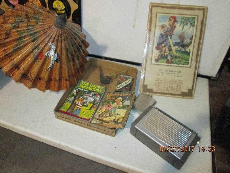 lot 49 image: Vintage books, pipe, umbrella, cale...