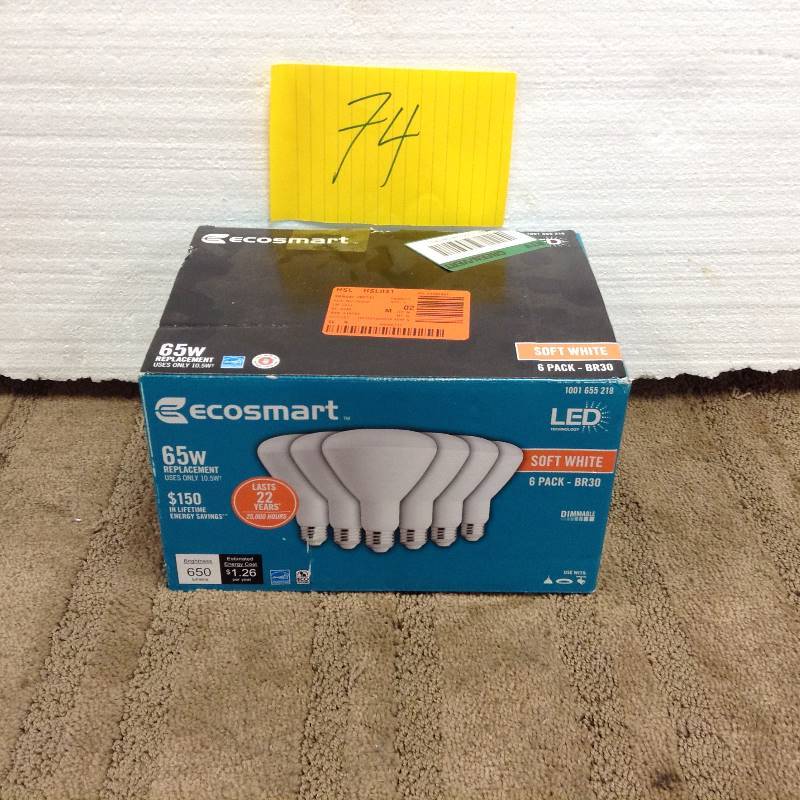 lot 74 image: EcoSmart 65W Equivalent Soft White BR30 Dimmable LED Light Bulb (6-Pack)