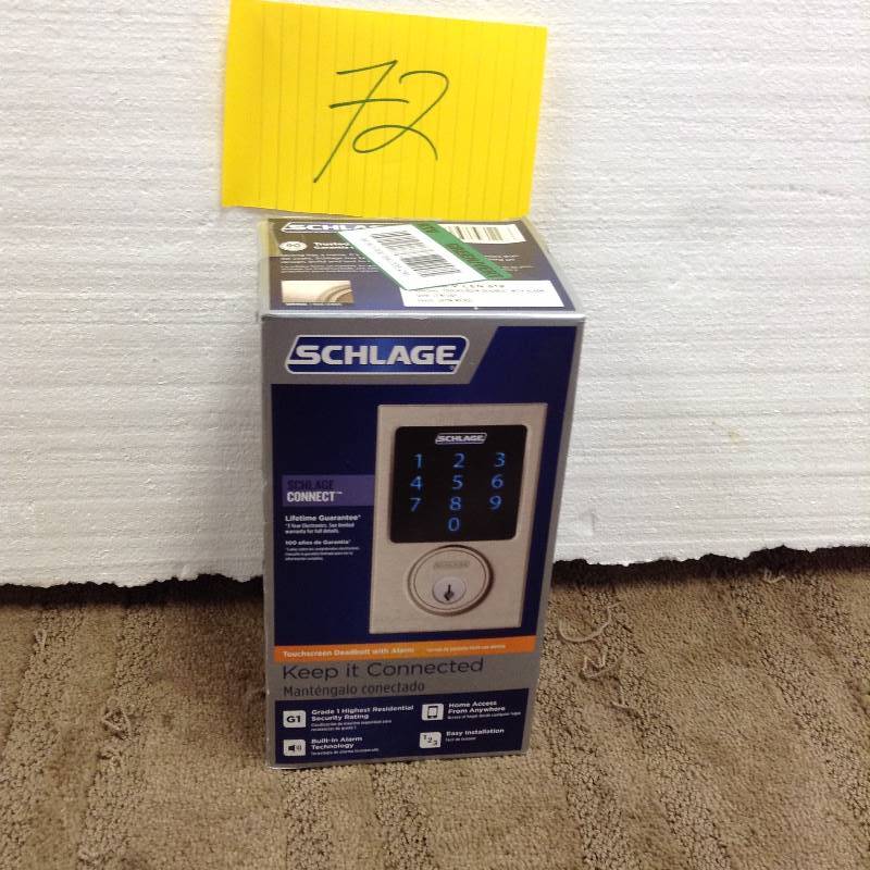 lot 72 image: Schlage Connect Century Satin Nickel Touchscreen Deadbolt with Alarm 
