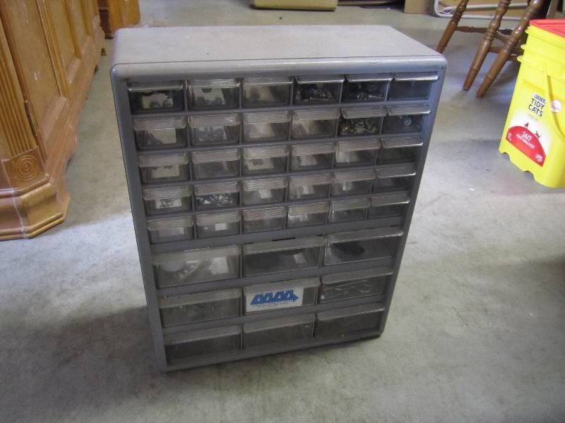 lot 82 image: 39 drawer organizer full of misc ha...