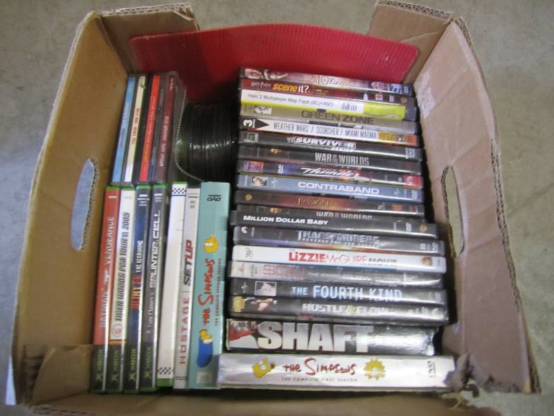 lot 86 image: Box of DVD movies CDs XBOX games e...