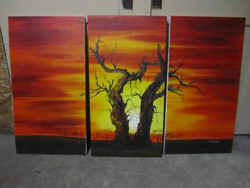 lot 110 image: 3pc canvas painting. Each piece is ...