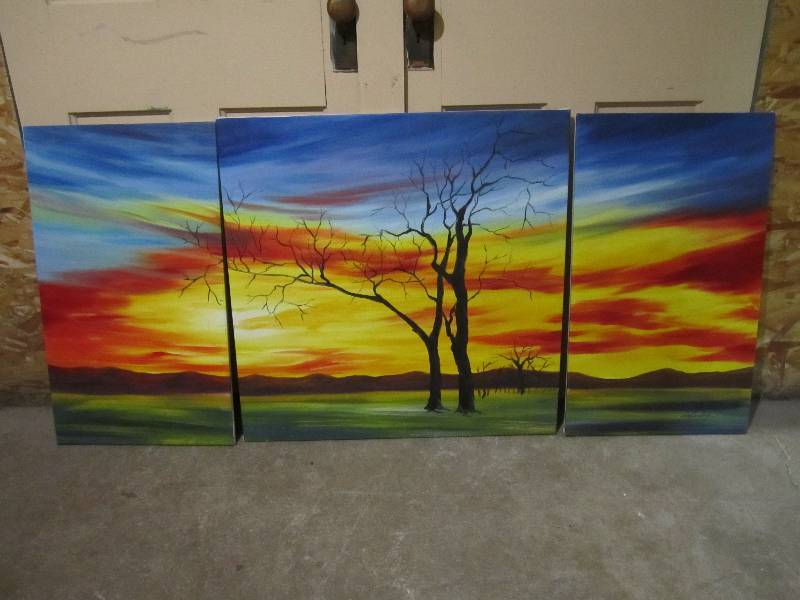 lot 111 image: 3pc canvas painting. Center is 28x2...