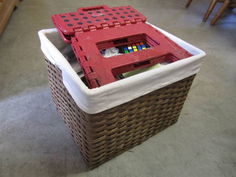 lot 123 image: Wicker basket full of misc items. S...