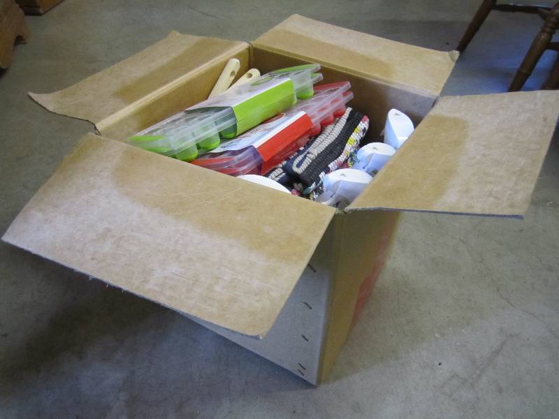 lot 124 image: Box full of misc items. Boat tie do...