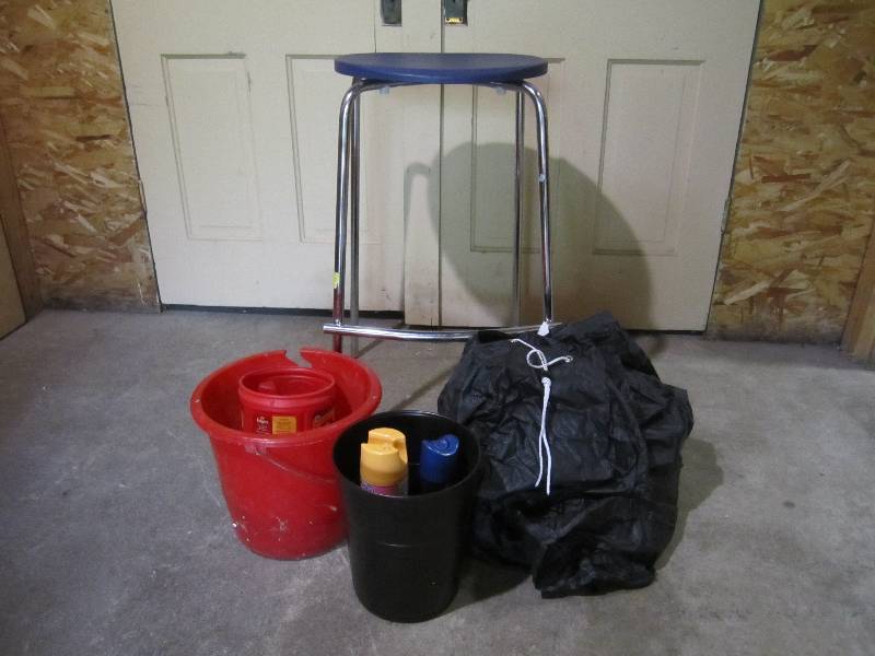 lot 183 image: Lot of misc. Stool small metal tras...