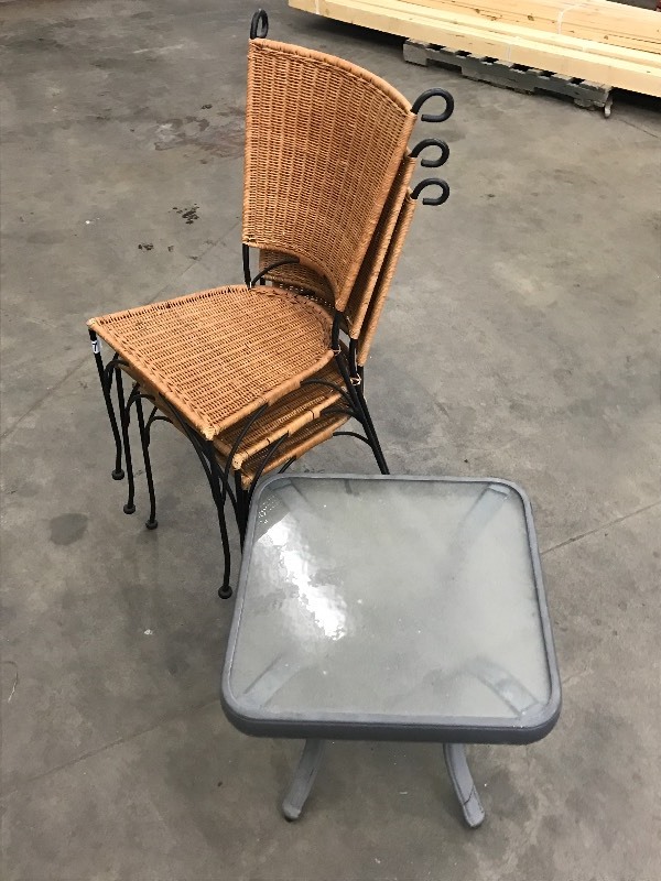 lot 87 image: (3) Woven Patio Chairs & (1) Glass-...