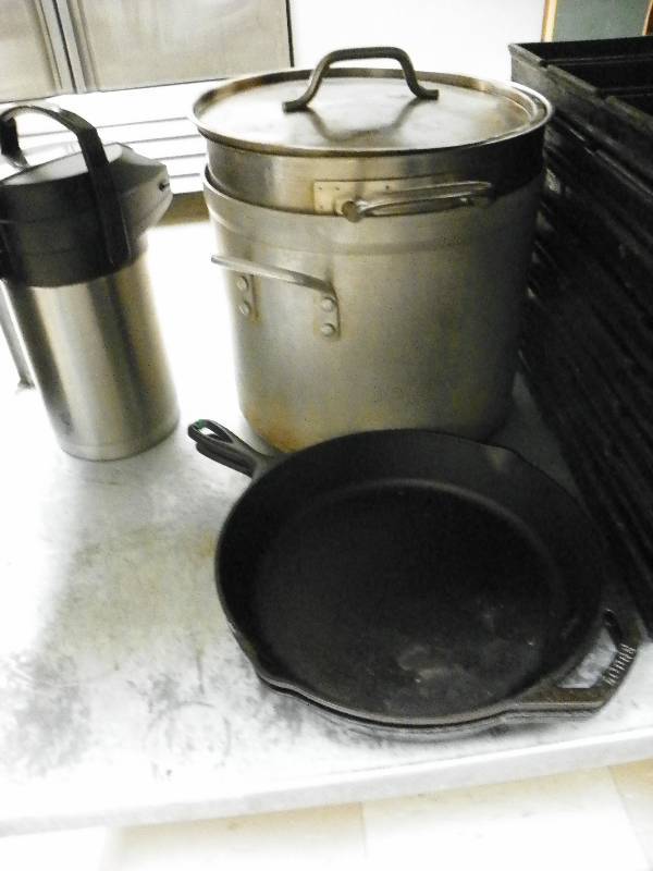 lot 32 image: POTS AND PANS AND COFFEE DISPENSER