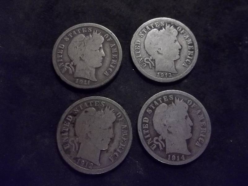 1911, 1912, 1913, 1914 Barber Dimes