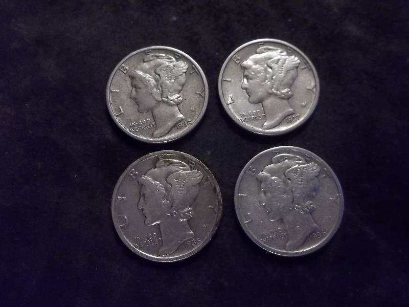 1935, 1936, 1937 D, 1938  Mercury Dimes