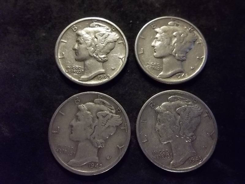 1942, 1942 D, 1942 S, 1943 D Mercury Dimes