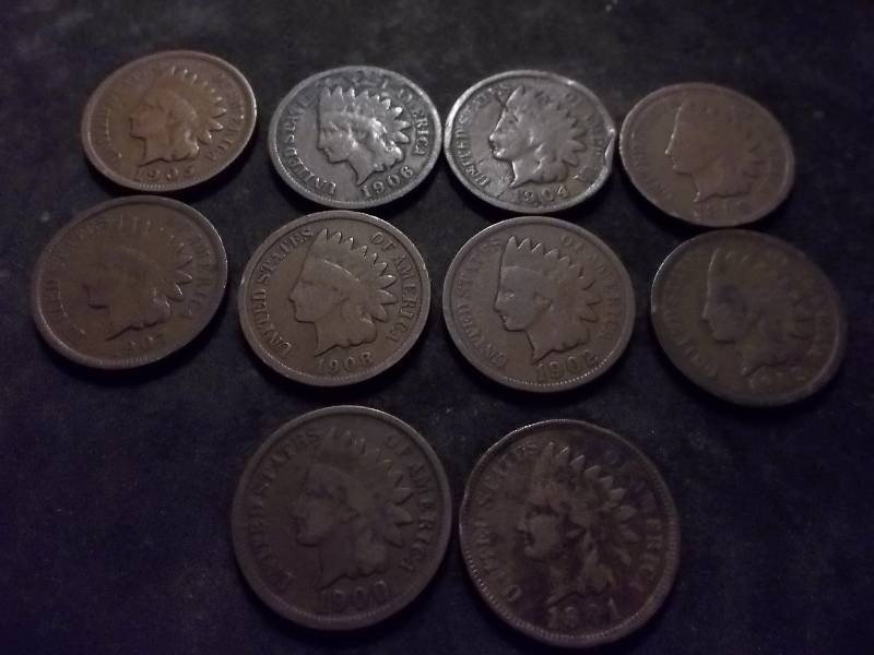 10 Indian Head Cents 1899-1908 (No Dups)