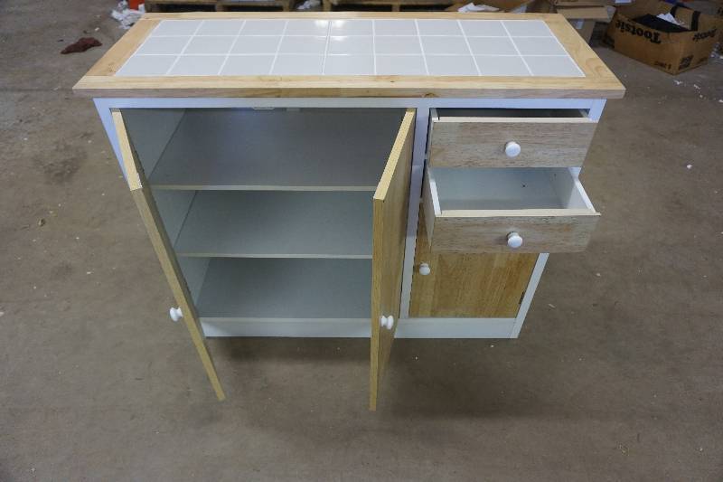 lot 5 image: Ceramic Tile Top Wood Kitchen Buffet Storage Hutch