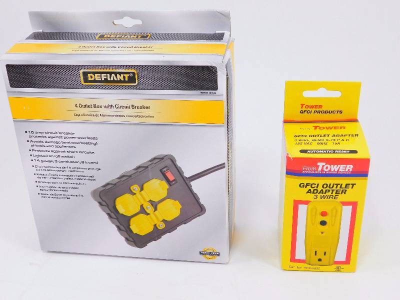 lot 19 image: Lot Contains Defiant 4 Outlet Box with Circuit Breaker, Tower Manufacturing Corporation 3 Wire GFCI Outlet Adapter