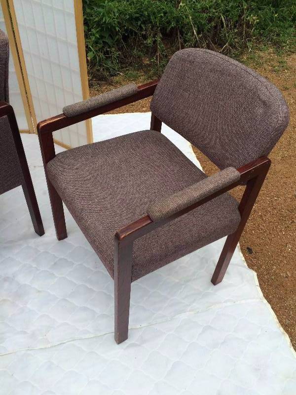 lot 10 image: 3 Retro Matching Sturdy Fabric Wood Frame Office Waiting Room Lobby Reception Captains Visitor Guest Chairs - Middle Chair is Ultra Comfortable - Chairs are sturdy but have wear on wood & fabric due to age - no holes or tears
