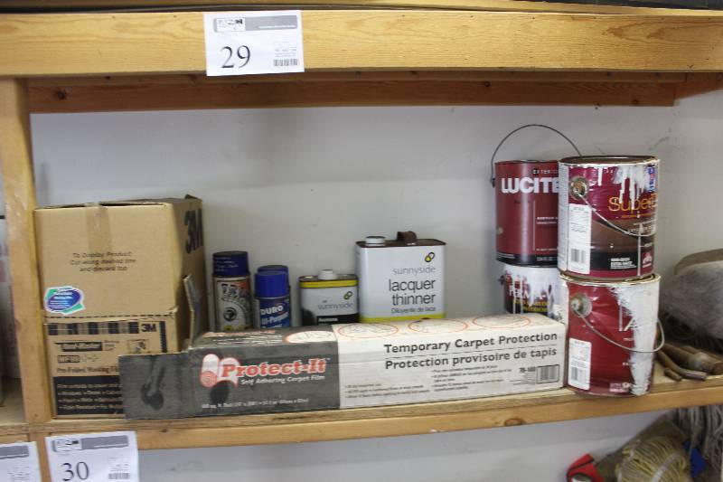 lot 29 image: Shelf Lot Includes Paints, Carpet Protectors, Thinner, Acetone, Adhesive, Masking Film