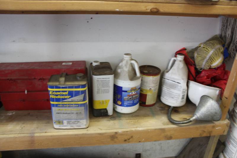 lot 30 image: Shelf Lot Includes Enamel Reducer, Cement Bond, Funnel, Highway Safety Warning Road Triangle Kits