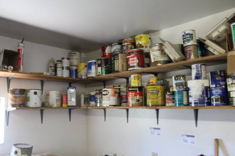lot 57 image: Lot of (2) Shelves Includes Enamel Paints, Poly, Sealant