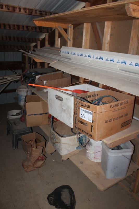 lot 65 image: Shelf Lot Includes Hoses, Tarps, And More