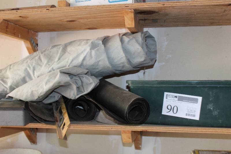 lot 90 image: Shelf Lot Includes Storage Tarps, Tools