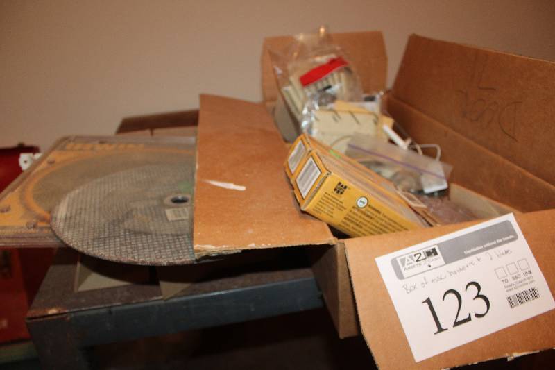lot 123 image: Box Lot of 2-Saw Blades, Misc Hardware