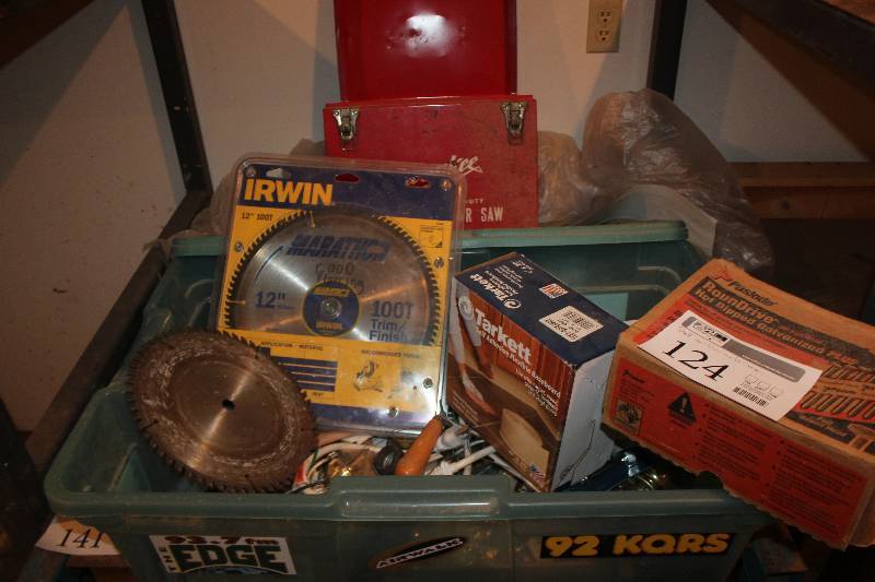 lot 124 image: Shelf Lot Includes Saw Blades, Nails, Misc Hardware