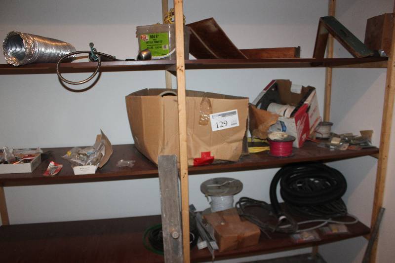 lot 129 image: Contents of Shelf Includes Wire Spools, Scrap Wire, And More