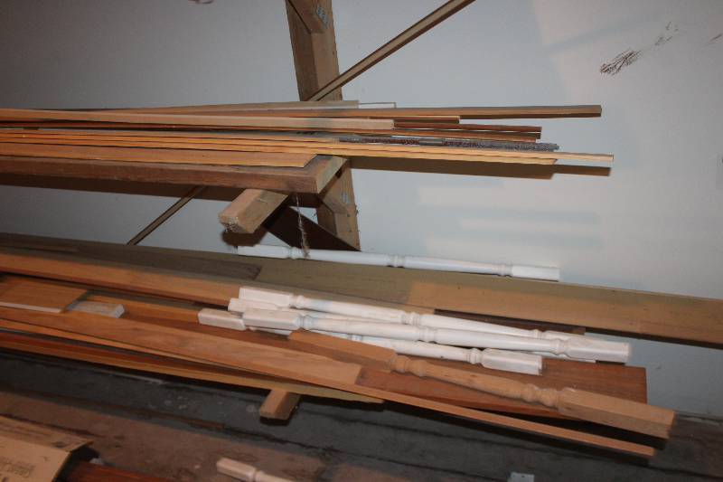 lot 159 image: Lot of (2) Shelves of Misc Wood Trim, Wood Banisters