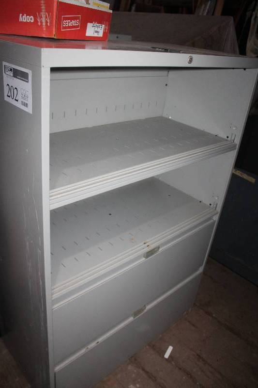 lot 202 image: Locking 2-Shelf 2-Drawer Metal Lateral File Cabinet