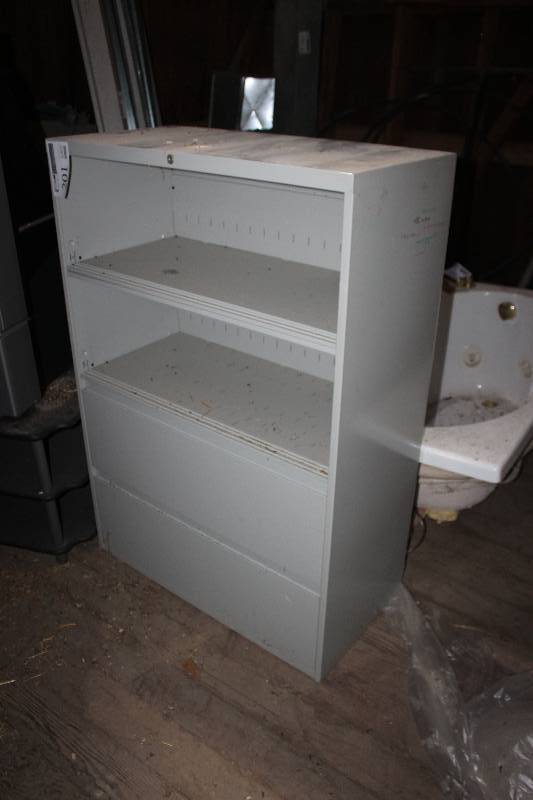 lot 201 image: Locking 2-Shelf 2-Drawer Metal Lateral File Cabinet