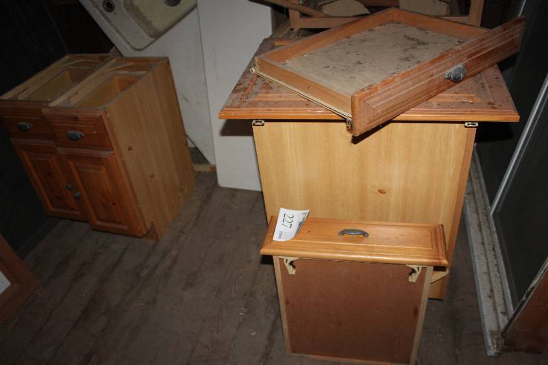lot 227 image: Cabinet Parts Includes Cabinets, Drawers, Doors, Hardware