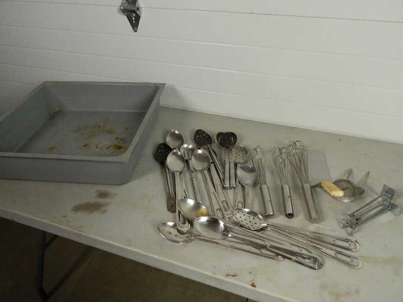 lot 94 image: Serving Spoons, Whisks, Spatula, Thermometers, Bin, Etc