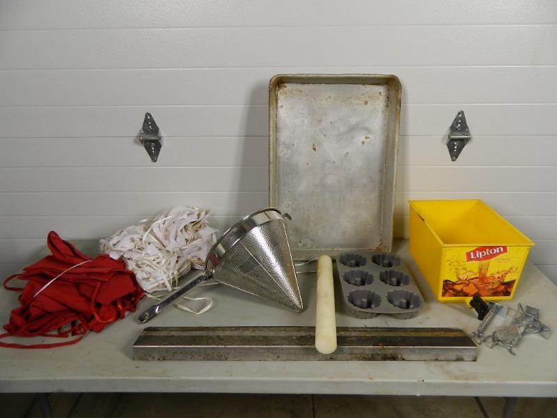 lot 96 image: Stainless Strainer, Aprons, Pans, Etc