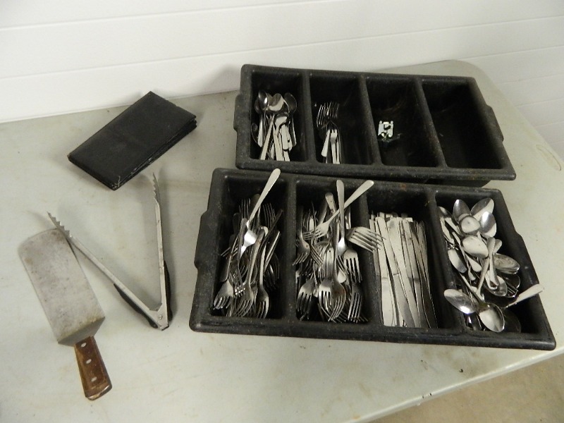 lot 106 image: Silverware in Trays and Cooking Utensils