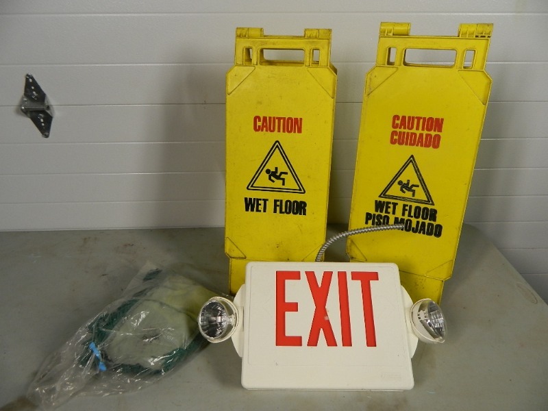 lot 113 image: Wet Floor Signs, Exit Light, Etc