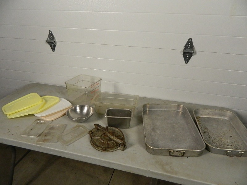 lot 139 image: Aluminum Pans, Plastic Inserts, Tortilla Press, Etc