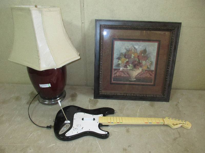lot 9 image: lamp - framed picture and rock band guitar