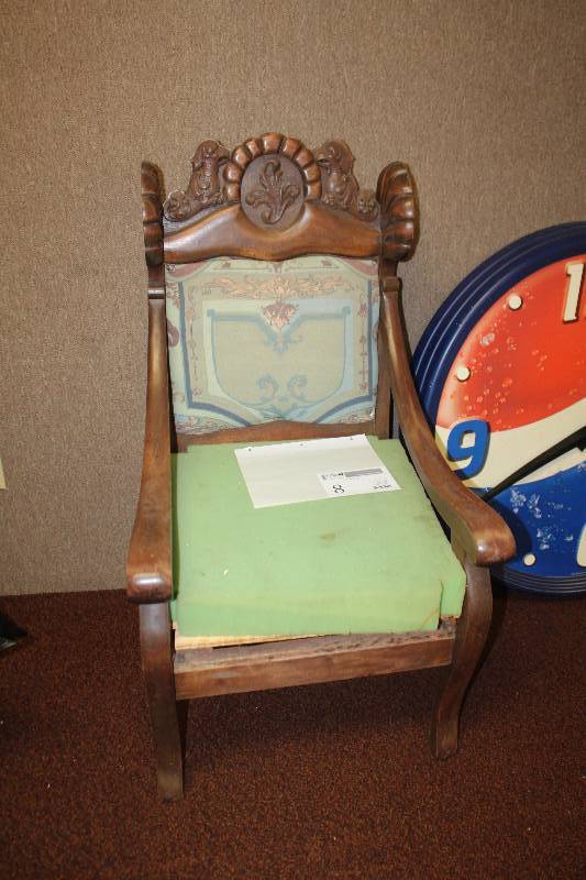 lot 8 image: Living Room Wood Designer Sitting Chair w Green Fabric Seat,Back