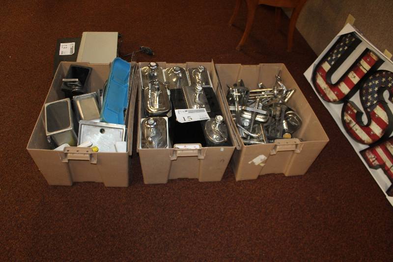 lot 15 image: Lot of (3) Bins of Commercial Stainless Steel Condiment Containers