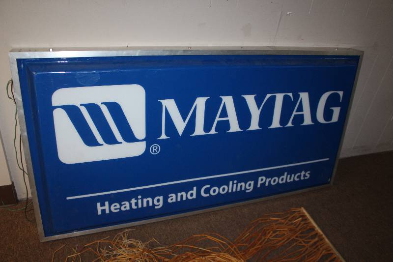 lot 3 image: Maytag Heating & Cooling Lighted Electric Wall Sign