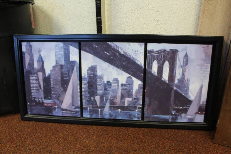 lot 52 image: Framed Signed Wall Art Bridge Skyline